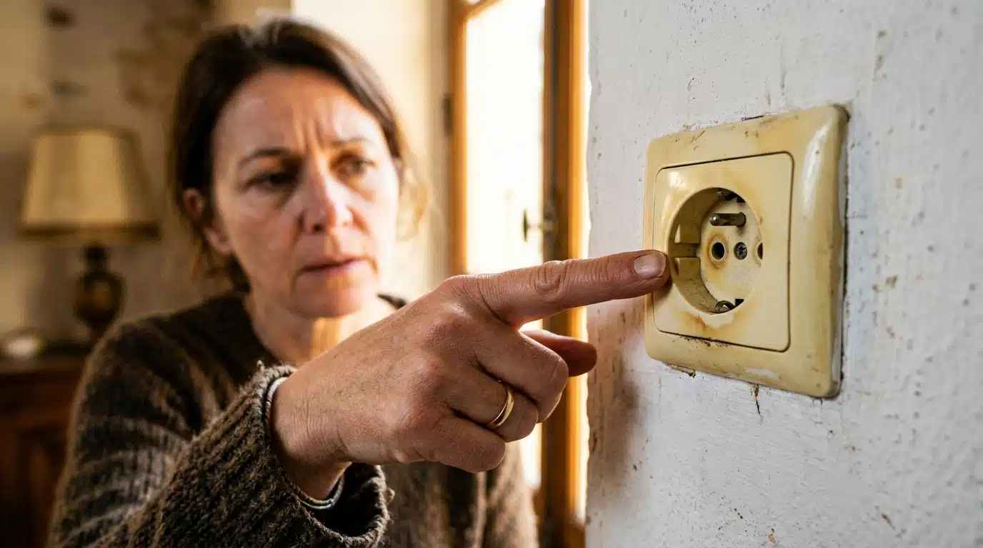 Prise électrique jaunie sur un mur blanc