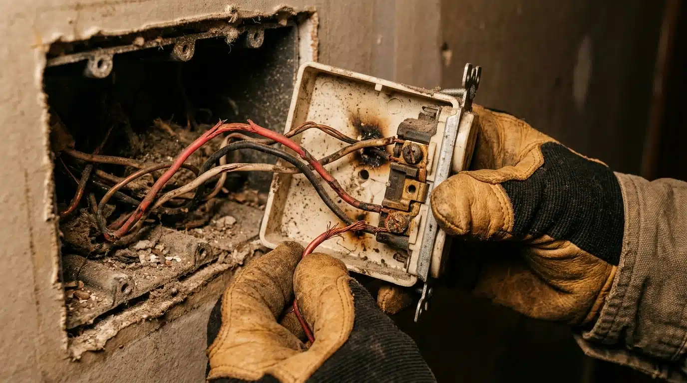 Fils et contacts oxydés derrière une prise murale