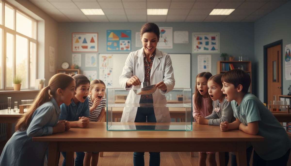 Professeur démontrant la poussée d'Archimède en classe