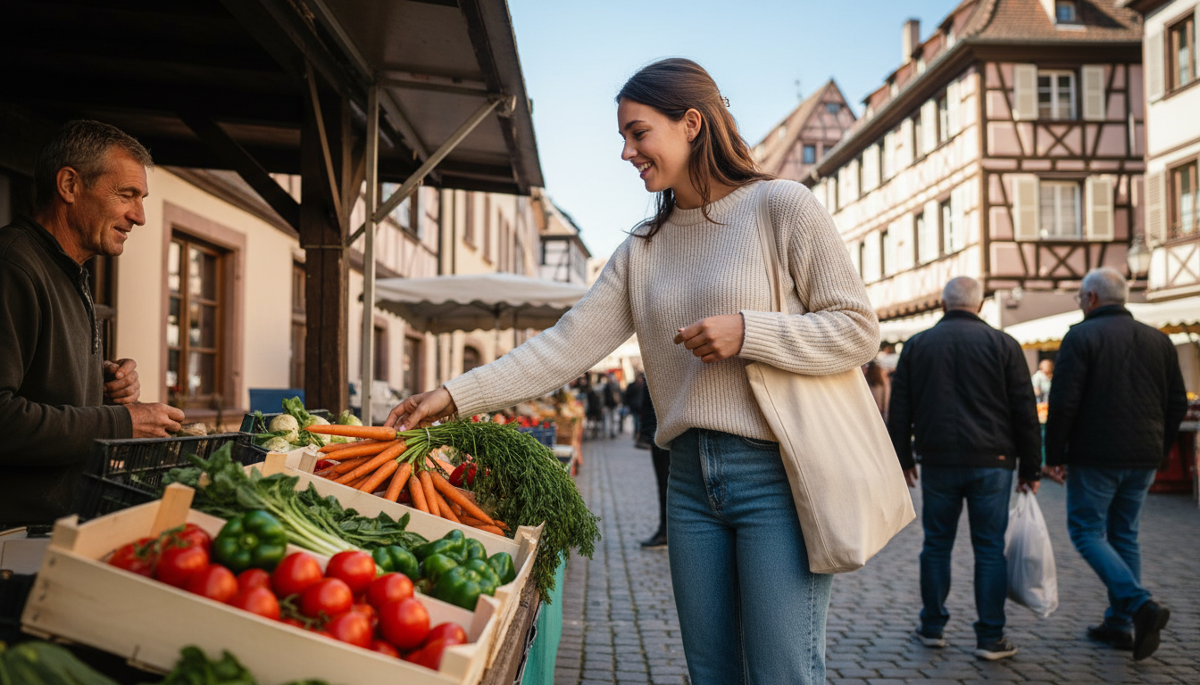 Professeure faisant ses courses au marché de Strasbourg