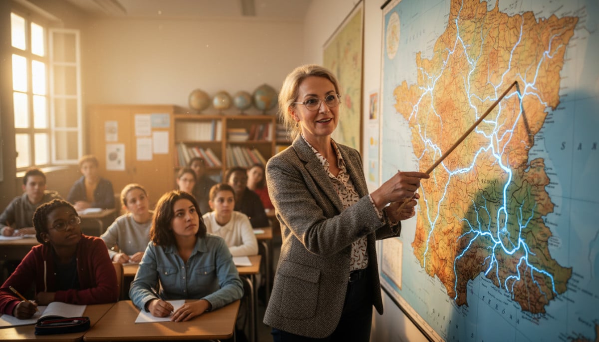 Professeure montrant la carte des fleuves de France