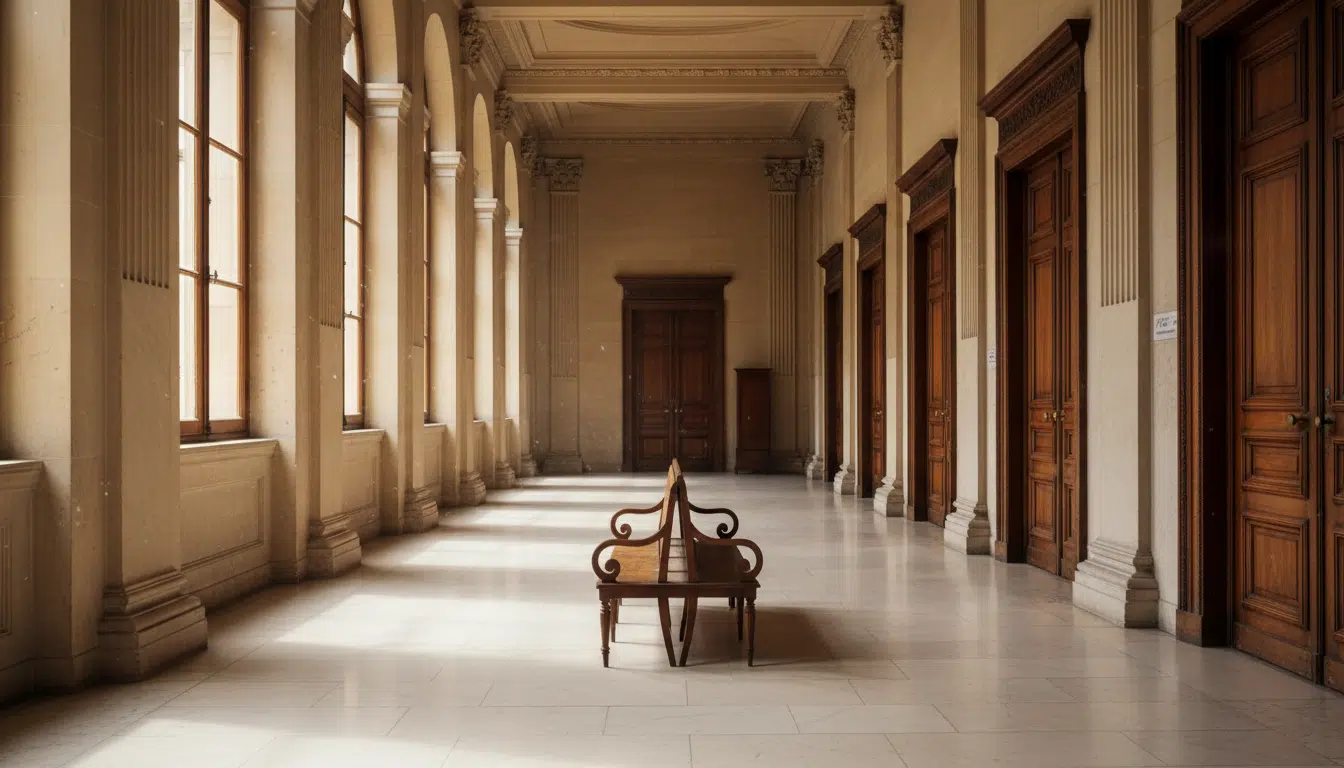 Couloir d'un palais de justice avant un procès