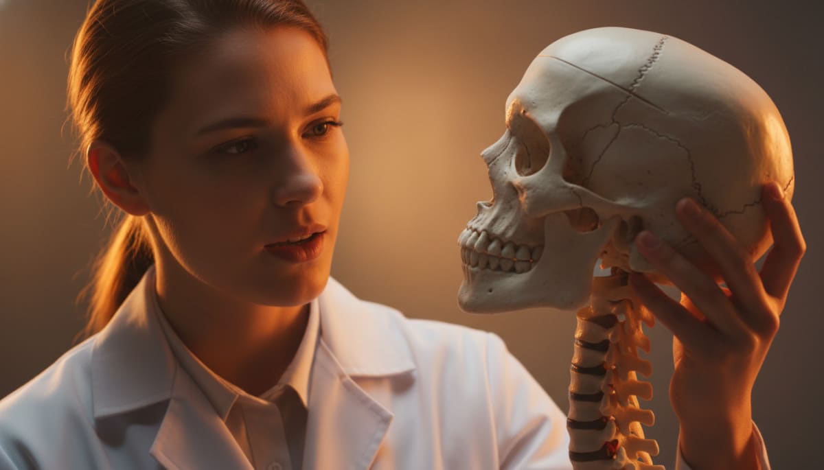 Professionnel de santé tenant un modèle anatomique d'os