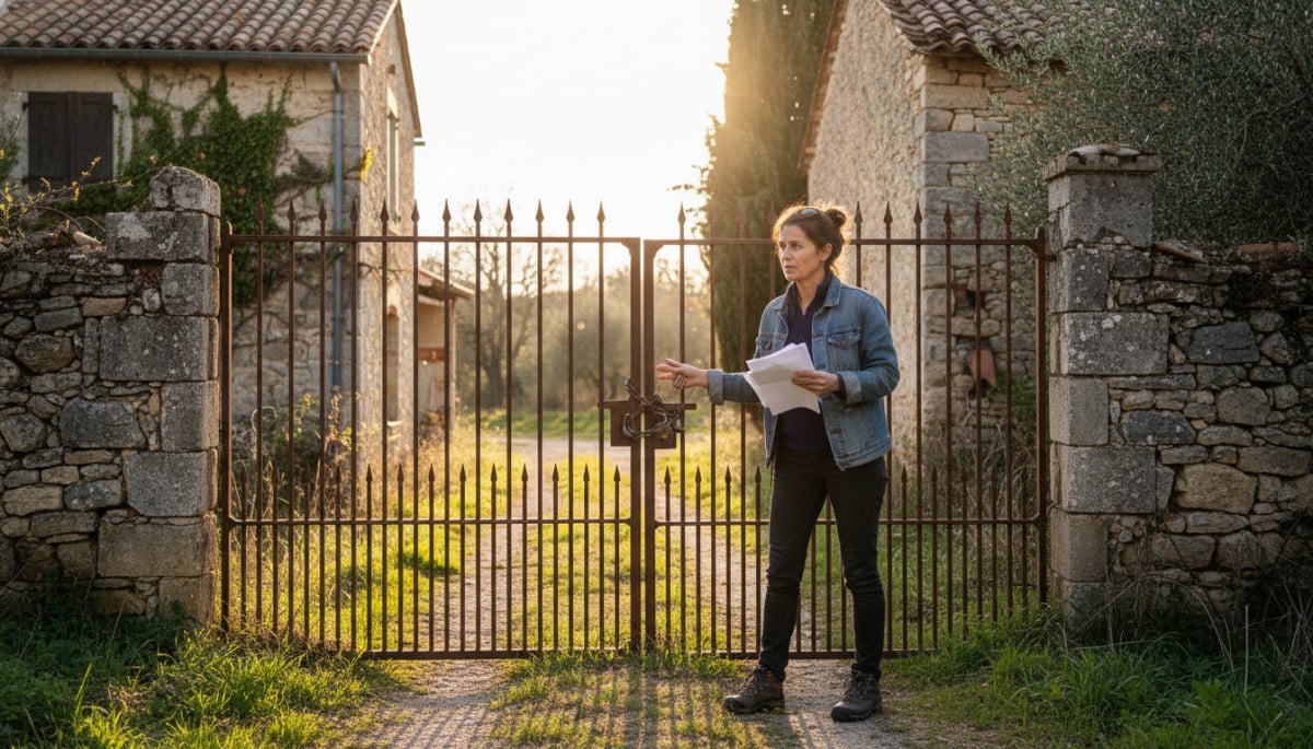 Propriétaire bloqué par une grille sur chemin d'accès