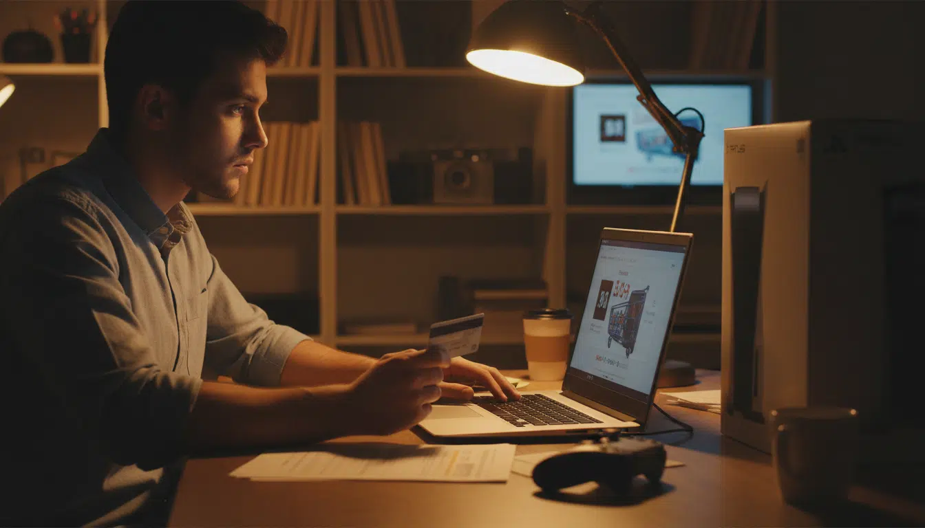 Acheteur hésitant avant de commander une PS5 en ligne