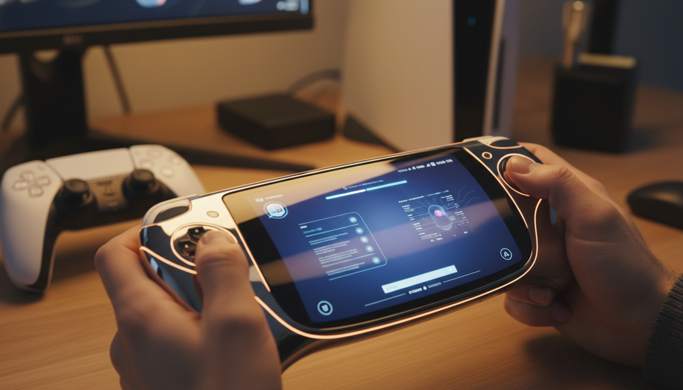 Console portable futuriste tenue en mains