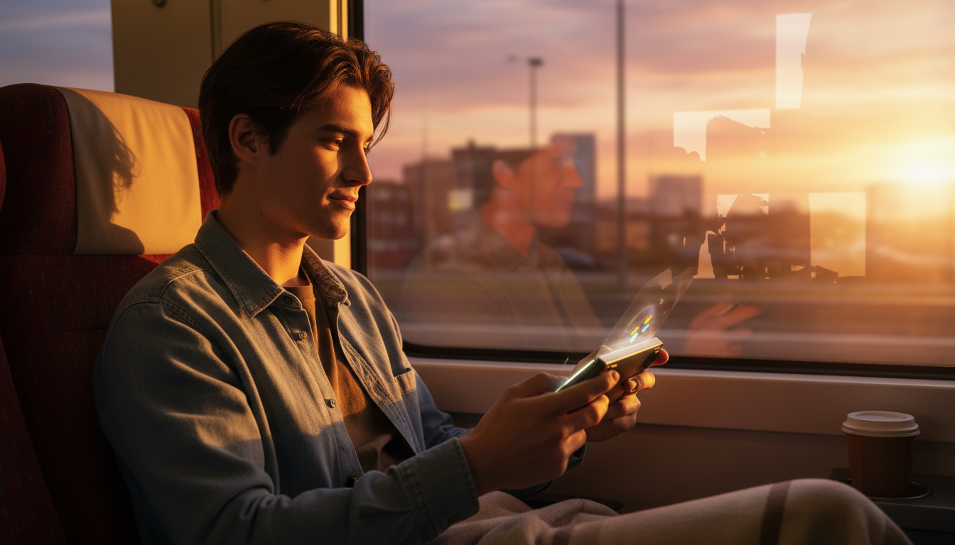 Joueur utilisant une console portable dans un train