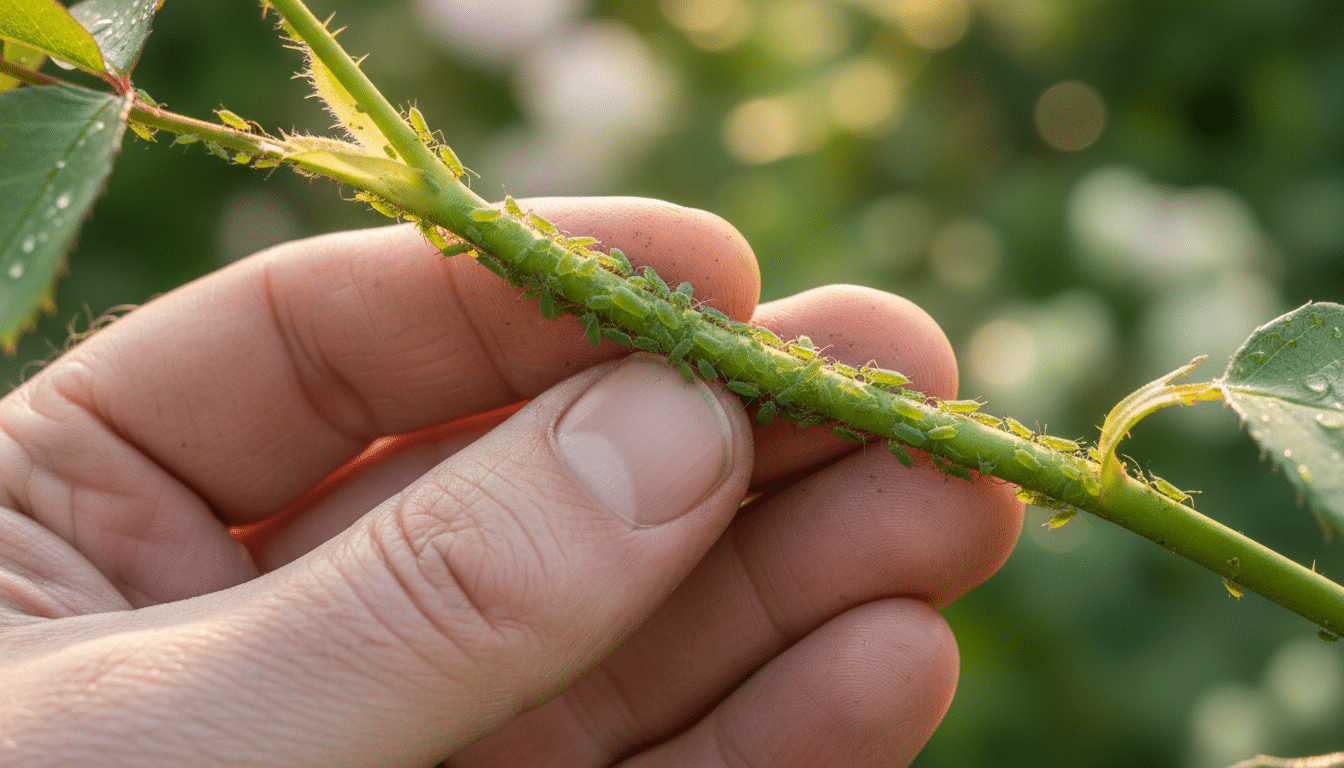 Colonie de pucerons verts sur une tige de rosier inspectée par un jardinier
