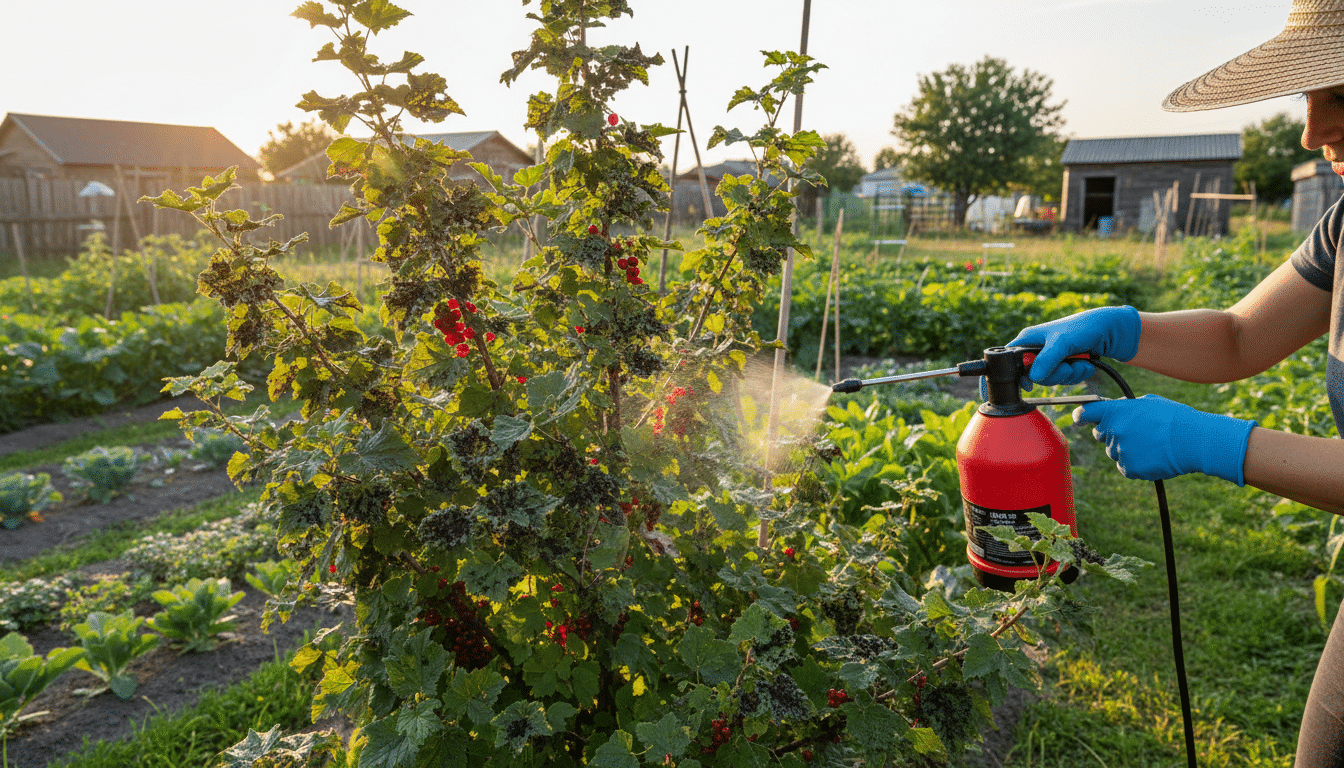 Pulvérisation de savon noir sur un groseillier infesté de pucerons et de miellat