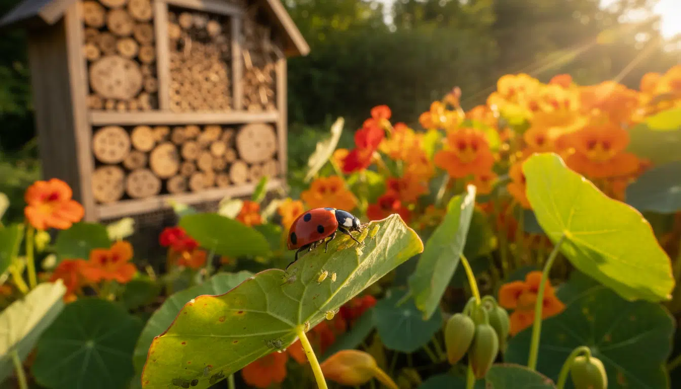 Coccinelle dévorant des pucerons sur une capucine près d'un hôtel à insectes