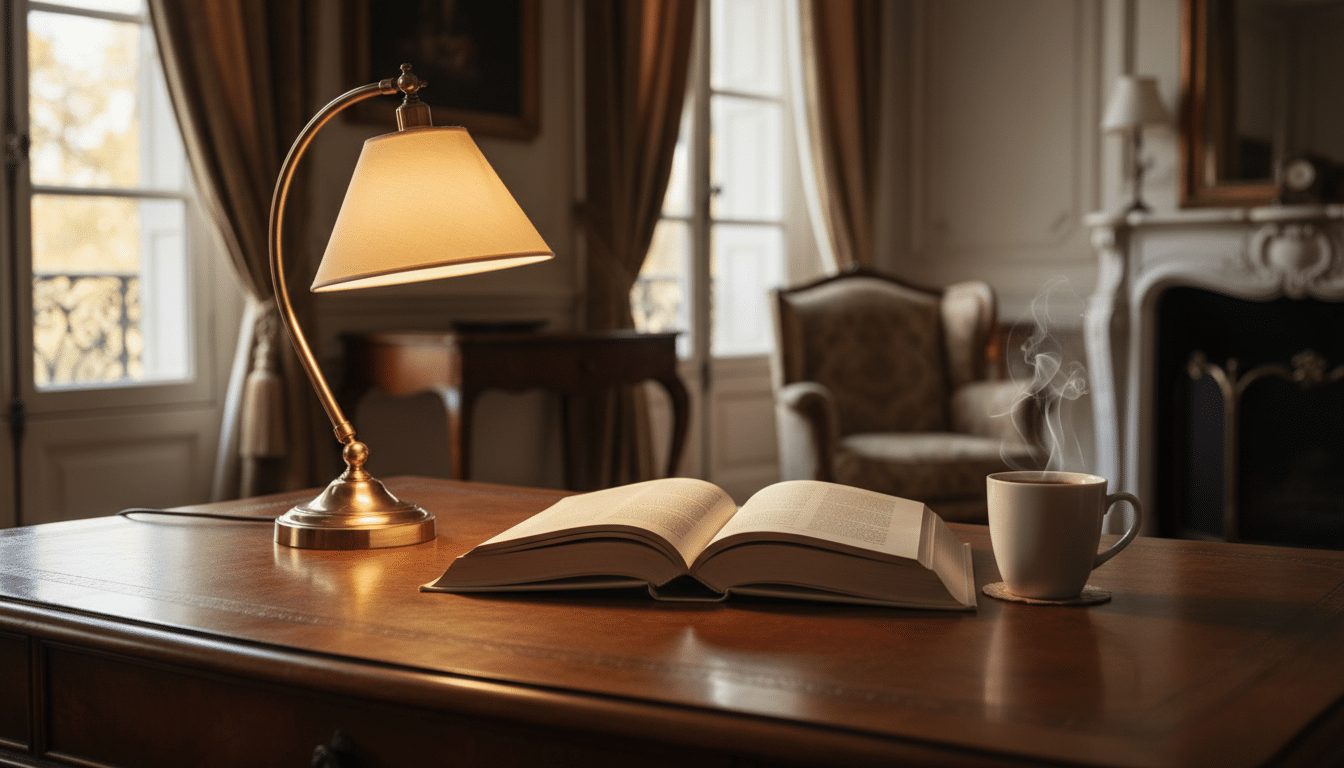 Un livre ouvert sur un bureau en bois, éclairé par une lampe chaleureuse, évoquant la publication du livre 'En homme libre' de Gabriel Attal