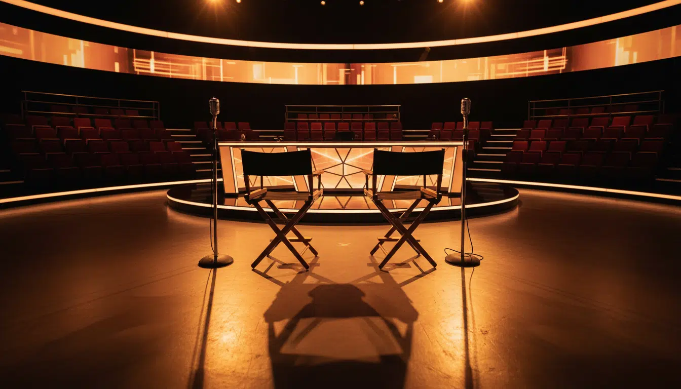 Plateau de télévision français vide avec chaises de présentateur et éclairage ambré, évoquant l'univers des émissions TV