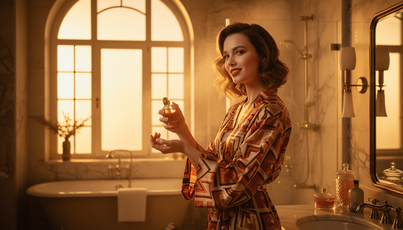 Femme vaporisant du parfum sur son poignet ambiance dorée