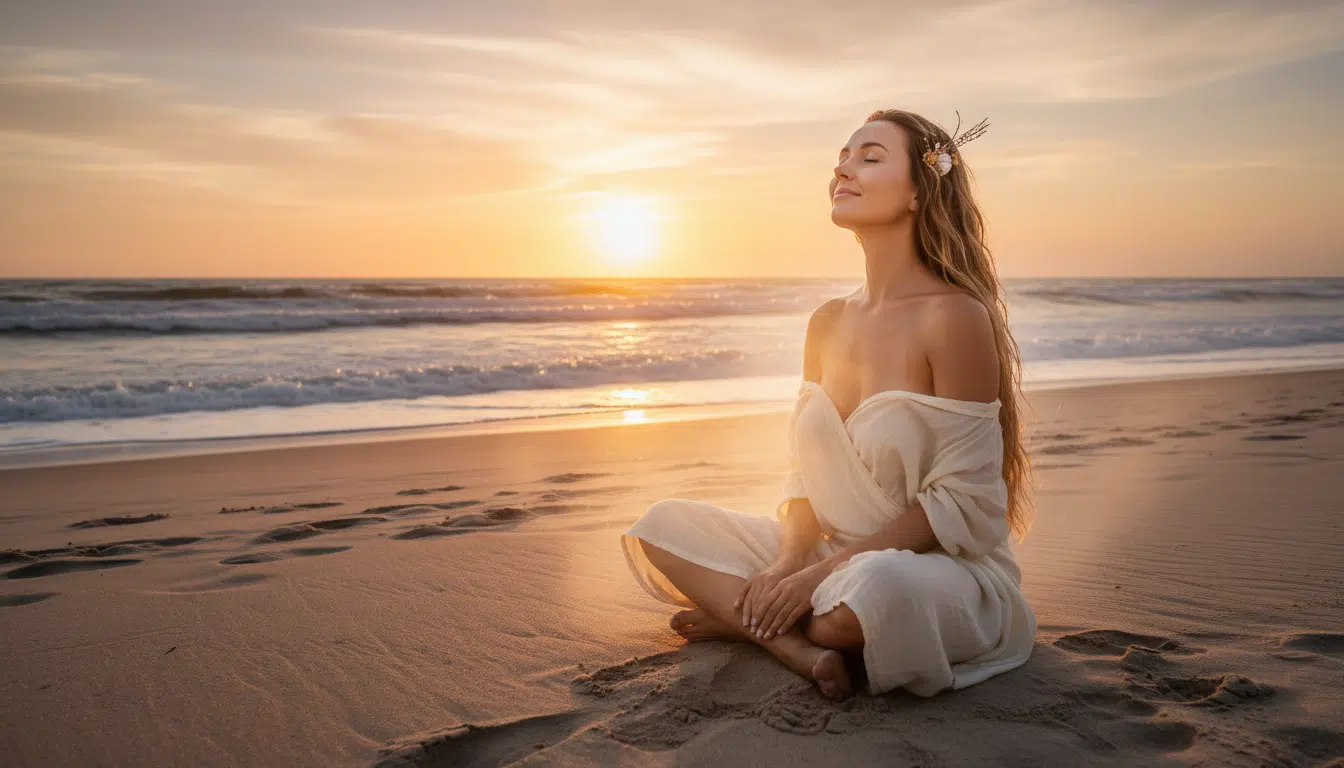 Femme sereine sur une plage au coucher du soleil