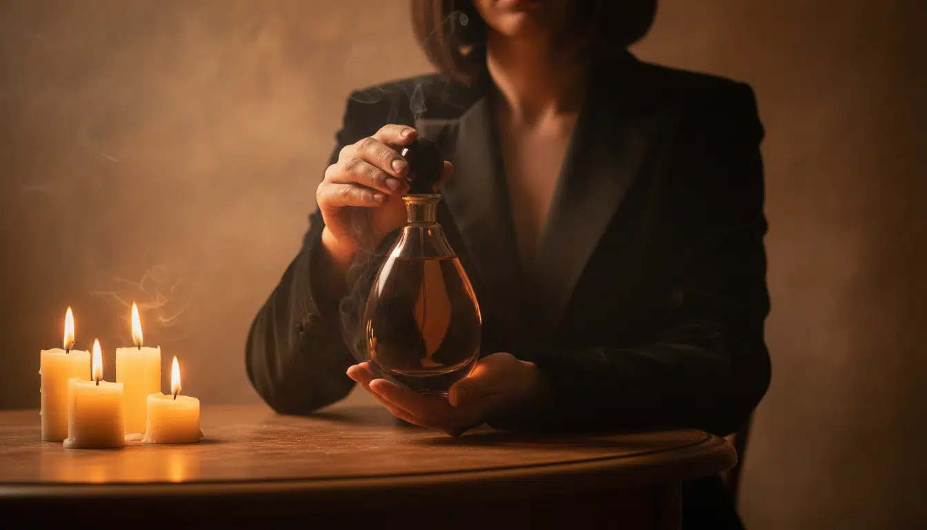 Flacon de parfum sombre éclairé à la bougie ambiance mystérieuse