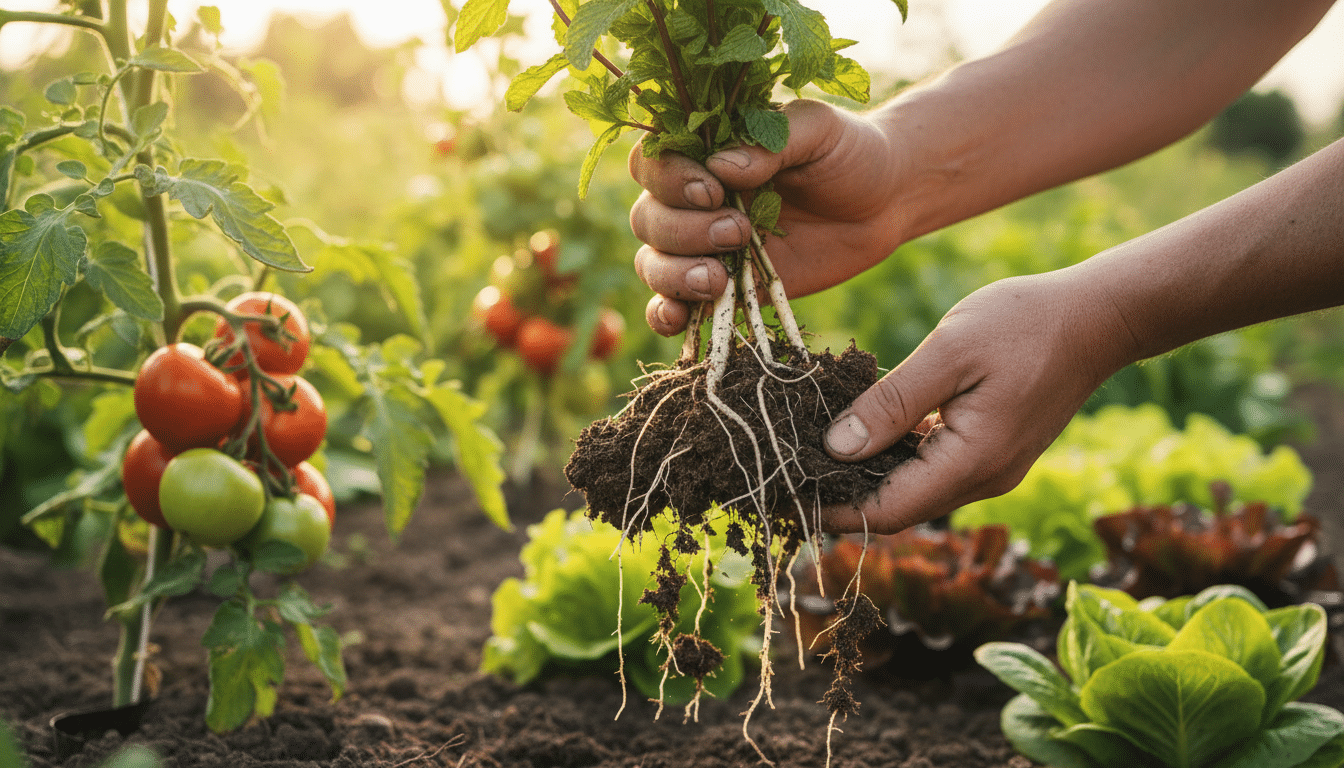 Rhizomes de menthe envahissants arrachés du potager