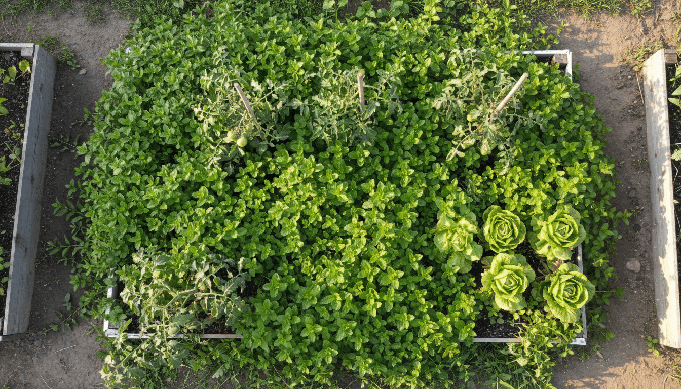 Potager colonisé par la menthe avec bordure dépassée