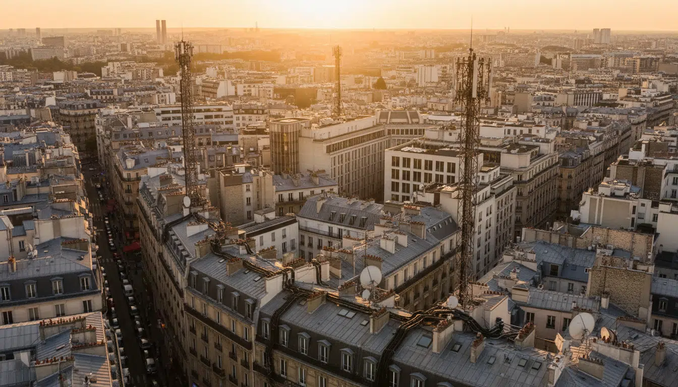 Antennes télécoms sur les toits d'une ville française