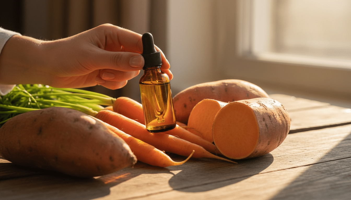 Gouttes autobronzantes au carotène avec carottes et patates douces