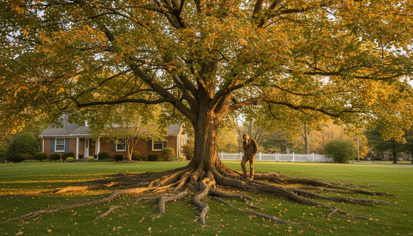 Racines d'érable exposées sur une pelouse de jardin
