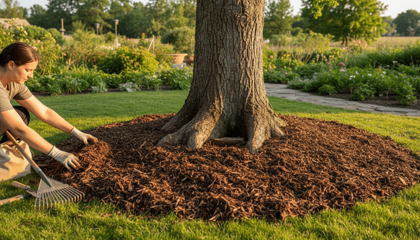 Jardinier étalant du paillis autour d'un tronc d'arbre