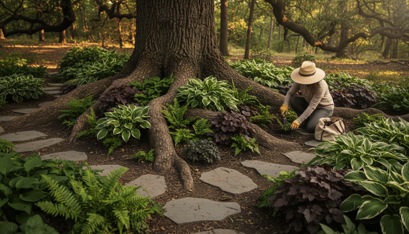 Plantes d'ombre installées entre des racines d'arbre