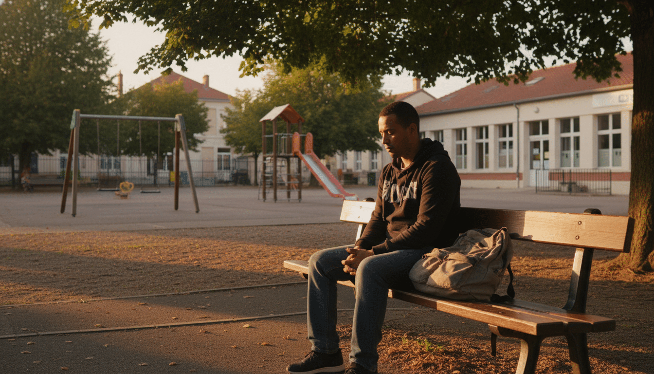 Personne seule assise dans une cour d'école en France