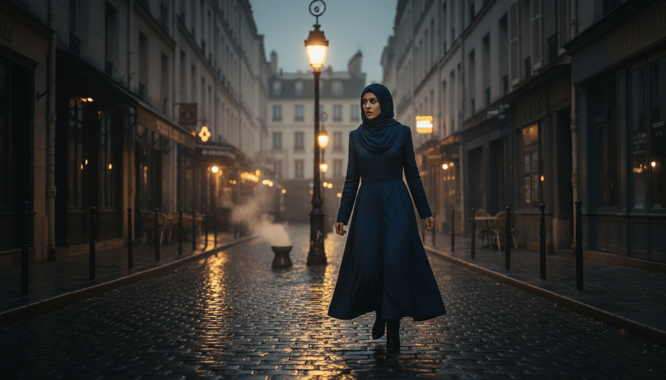 Femme voilée marchant dans une rue française au crépuscule