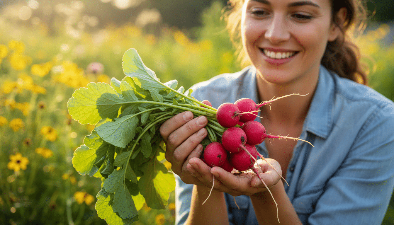 Jardinier souriant tenant des radis roses fraîchement récoltés
