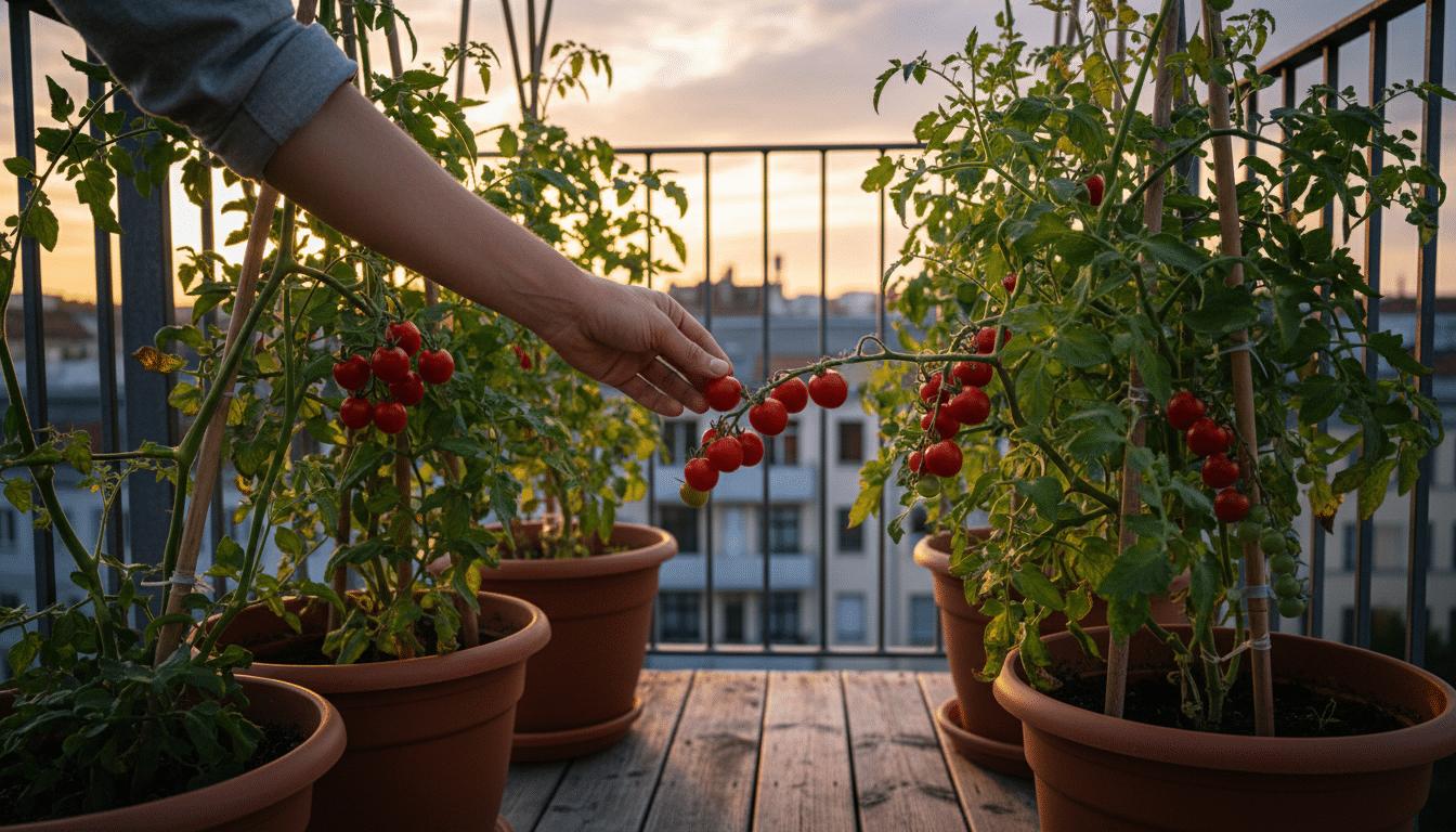 Tomates cerises mûres cultivées en pot sur un balcon urbain