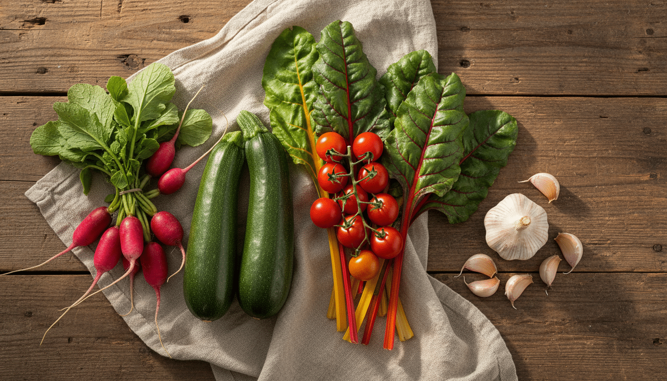 Cinq légumes faciles pour débutants sur une table en bois
