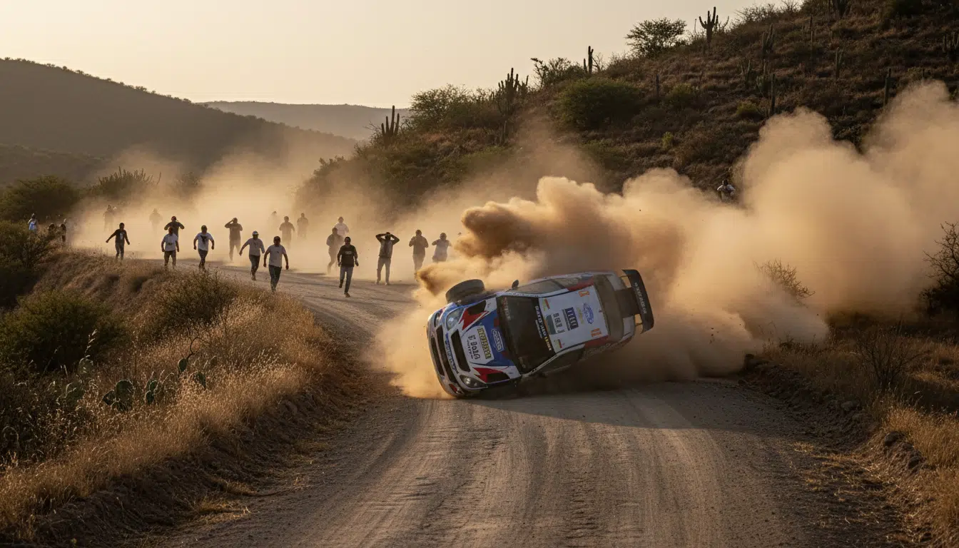 Voiture de rallye faisant des tonneaux sur piste en Argentine