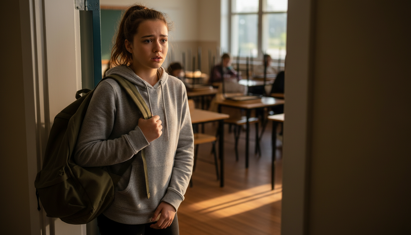 Adolescente hésitante à la porte d'une salle de classe