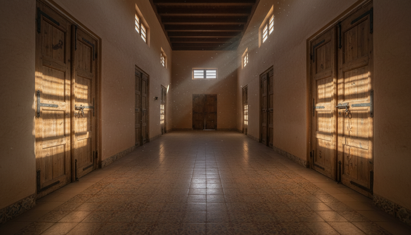 Couloir sombre à l'intérieur d'une vaste propriété isolée