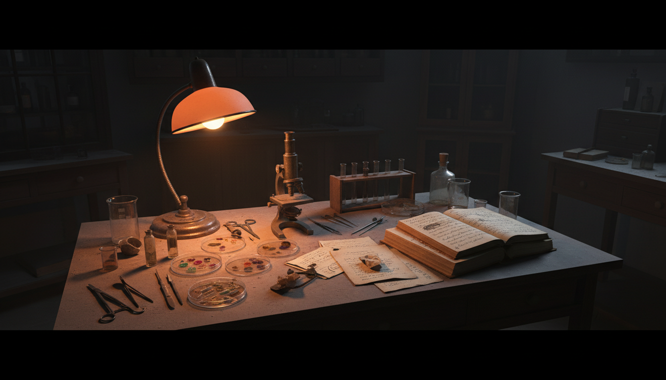 Équipement médical et documents dans une pièce sombre