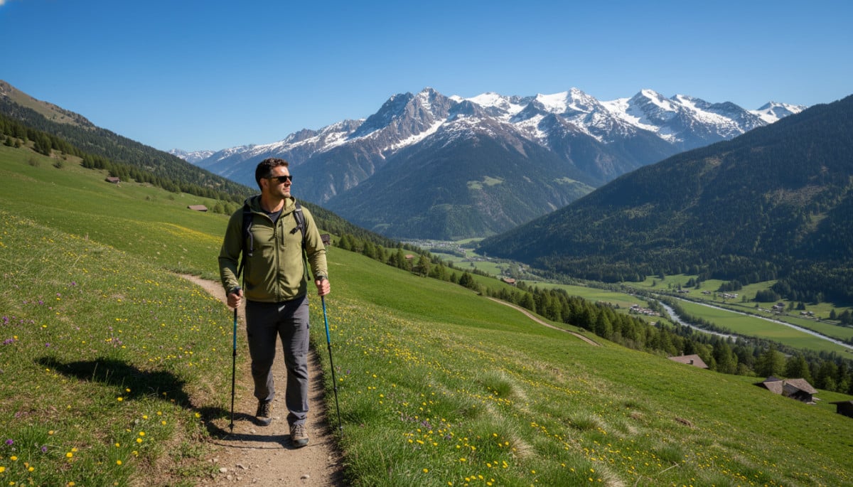 Randonneur Alpes printemps neige sommets arrière-plan