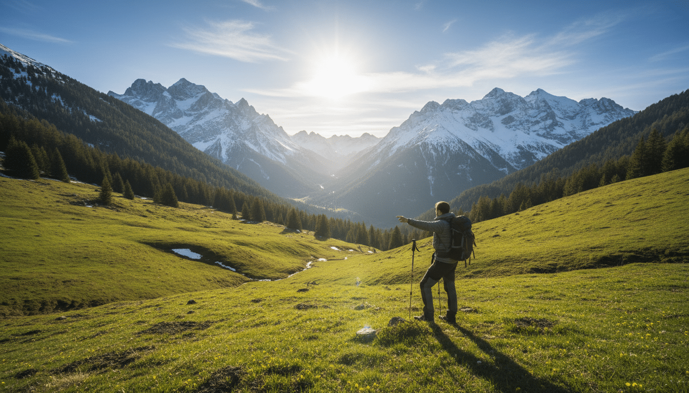 Randonneur dans les Alpes au printemps avec neige en altitude