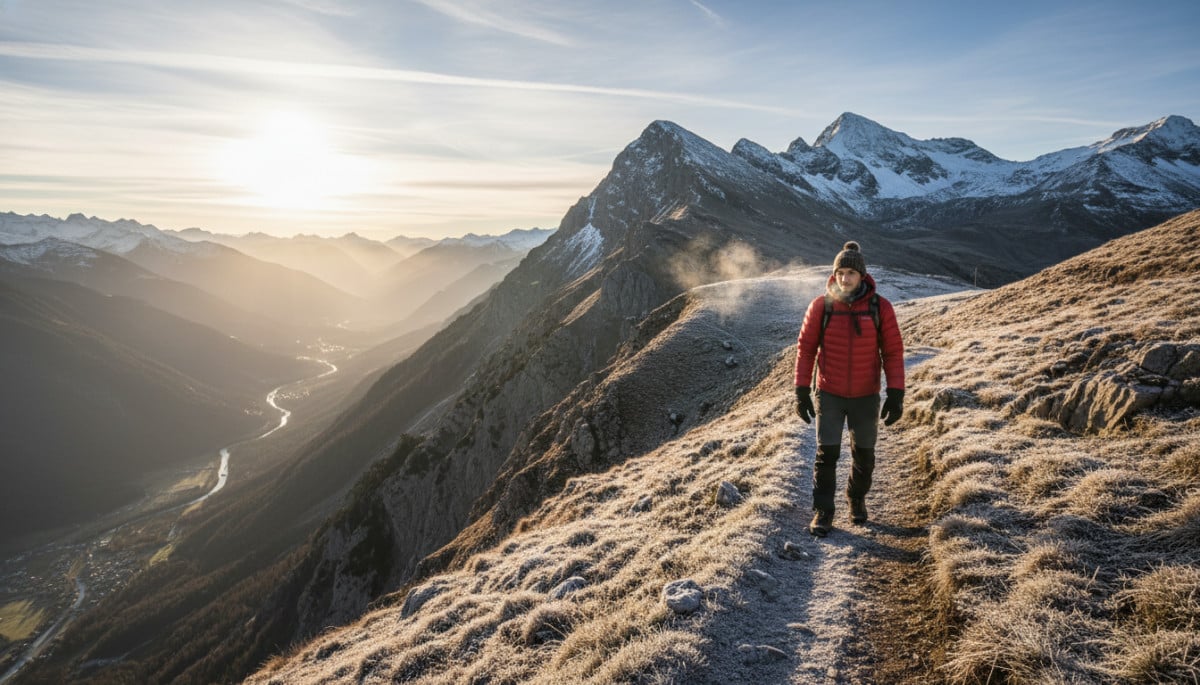 Randonneur dans les Alpes par matinée froide et gelée