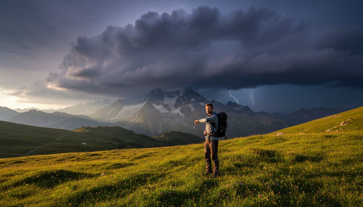 Randonneur face aux orages en montagne dans les Alpes