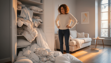 Placard à linge en désordre avec draps qui débordent
