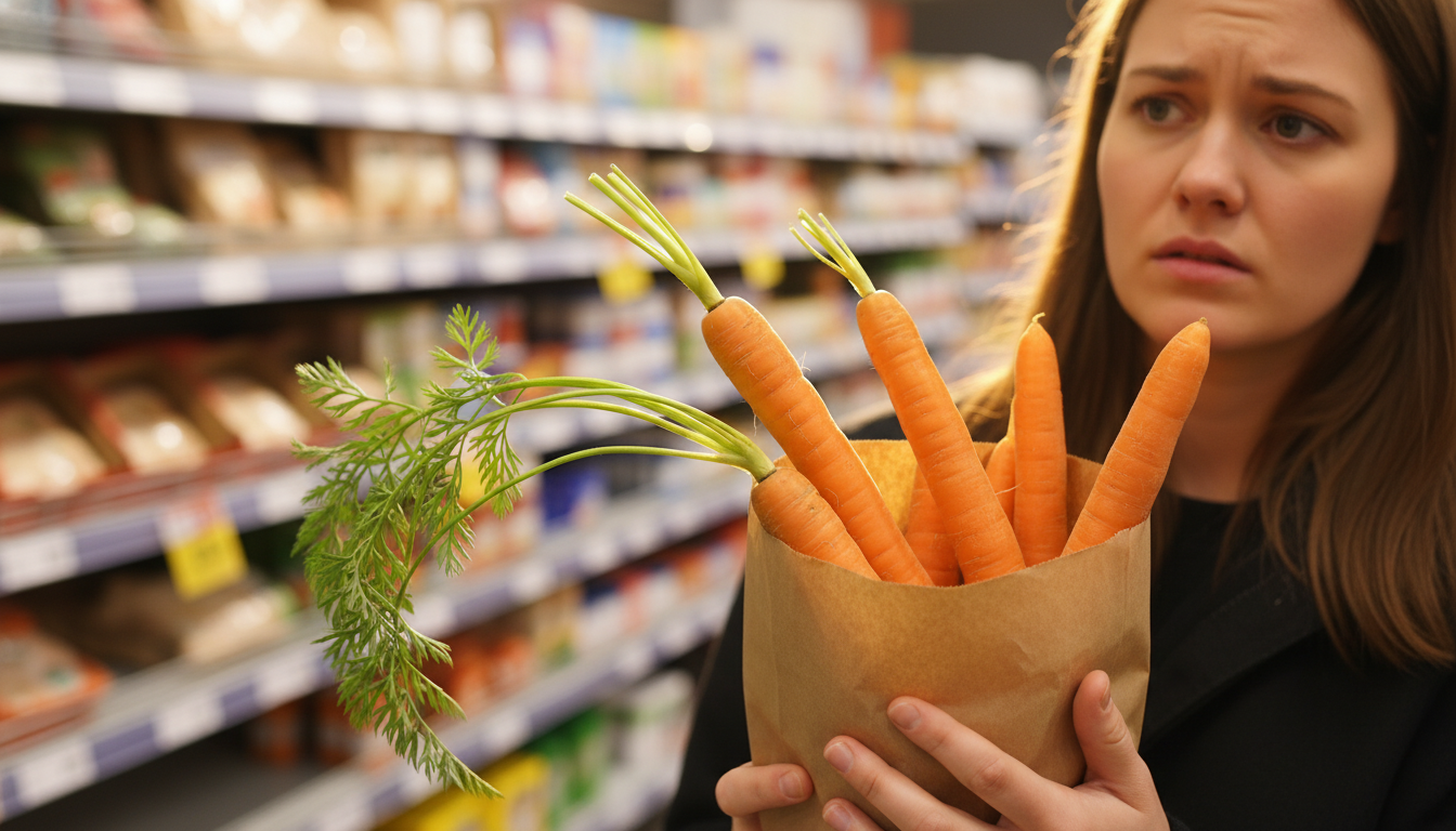 Client tenant un sachet de carottes bio en supermarché