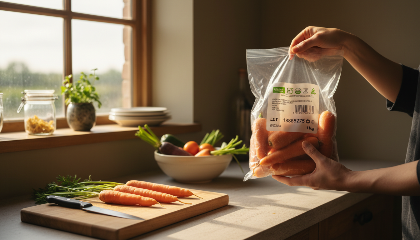 Vérification du numéro de lot sur un sachet de carottes bio