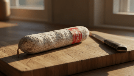 Saucisson sec sur une planche à découper en bois