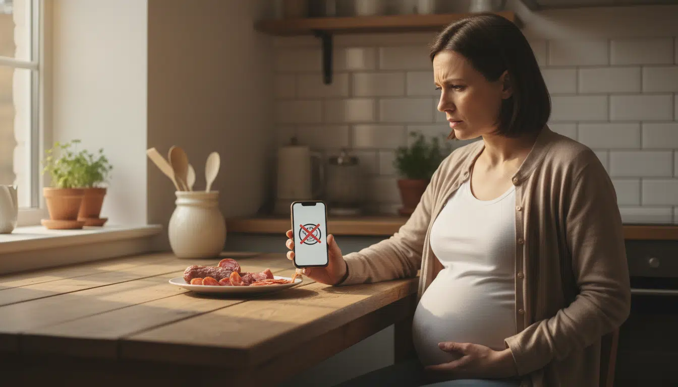 Femme enceinte inquiète consultant une alerte de rappel alimentaire