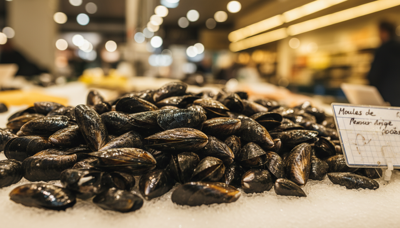Moules de corde exposées sur glace au rayon poissonnerie