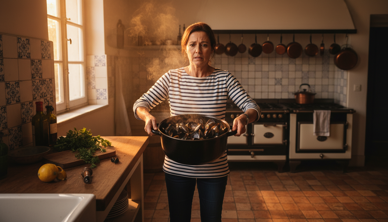 Femme inquiète tenant une casserole de moules cuites