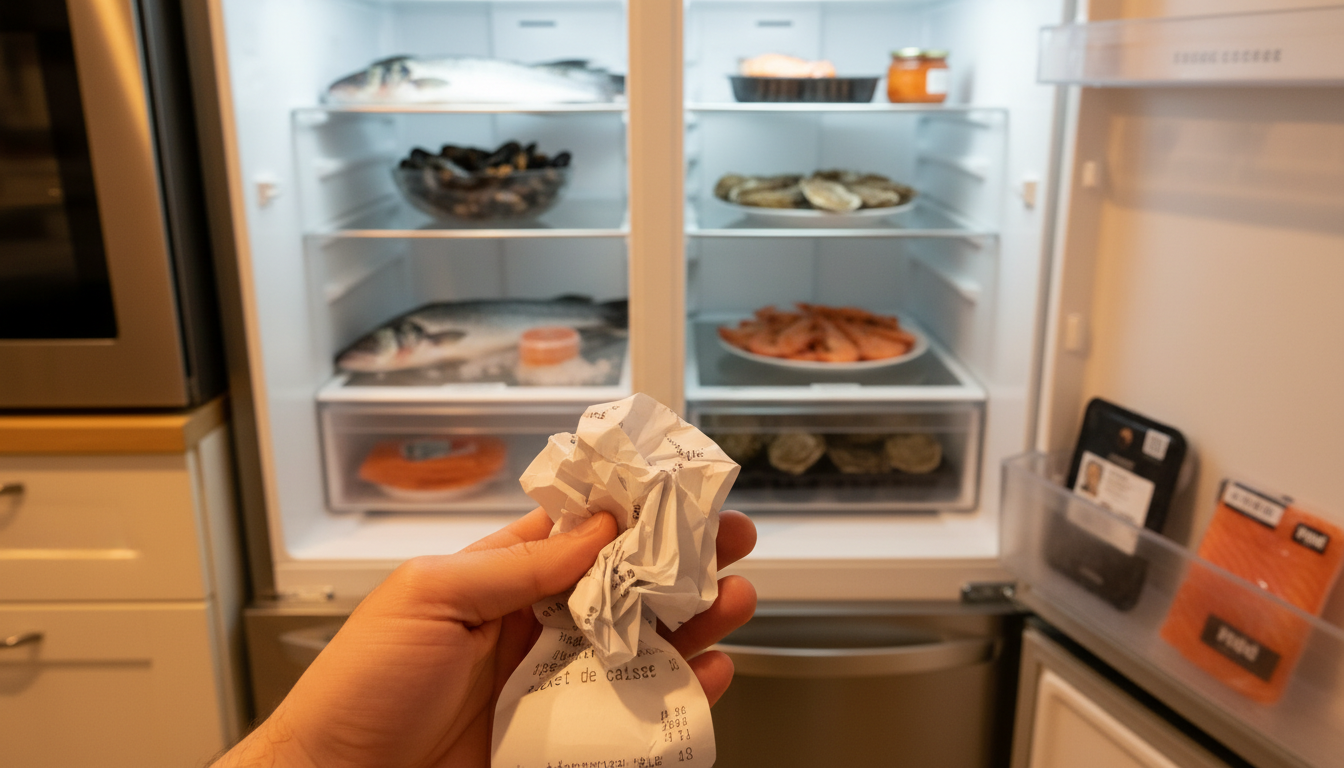 Ticket de caisse tenu devant un réfrigérateur ouvert