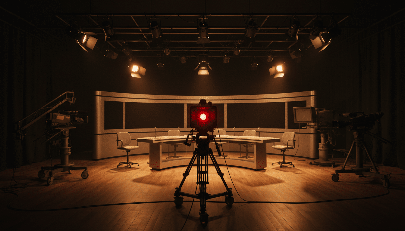Plateau de télévision vide avec lumière rouge de tournage allumée, ambiance studio Complément d'enquête