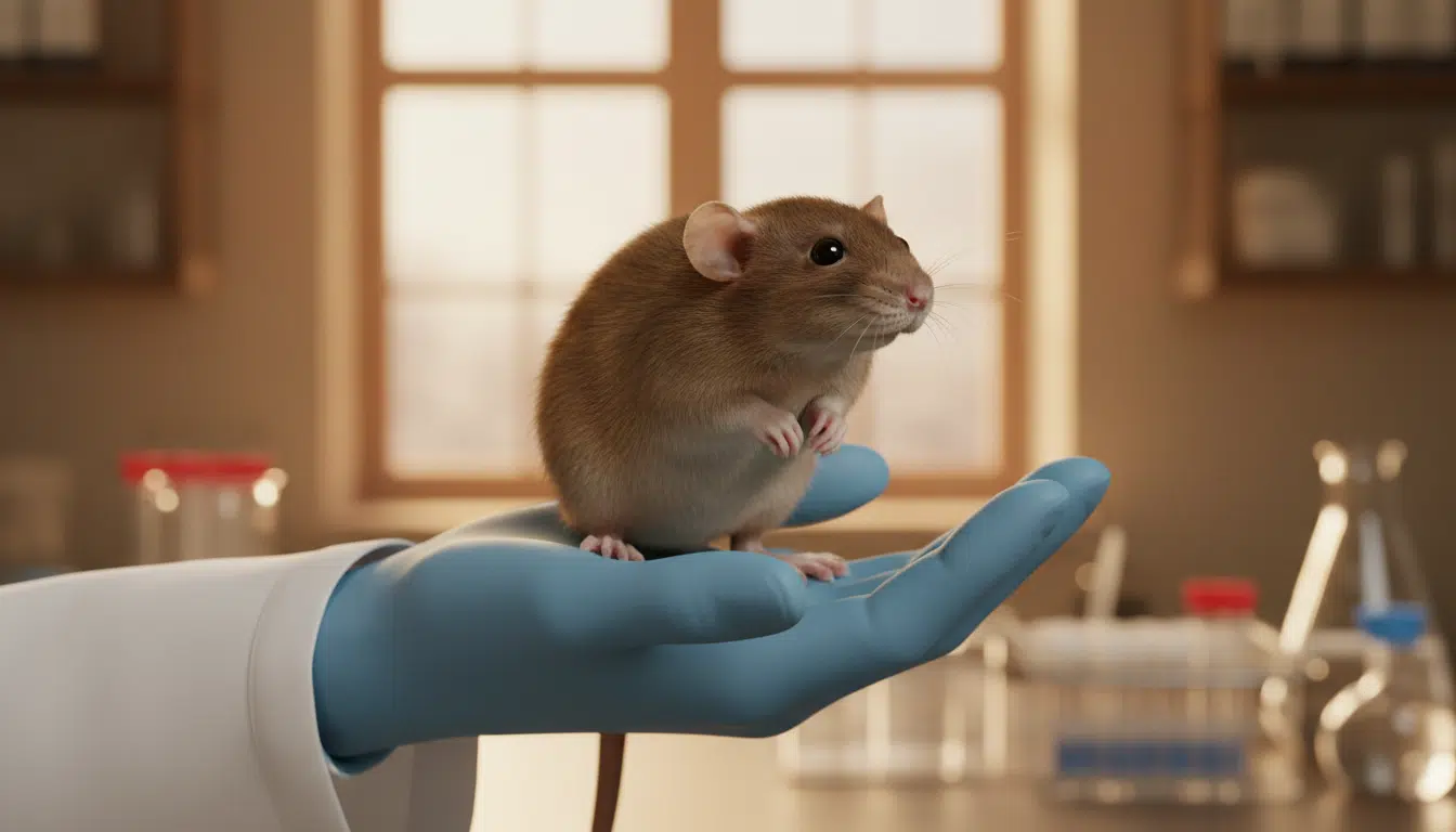 Rat curieux posé sur la main d'un chercheur