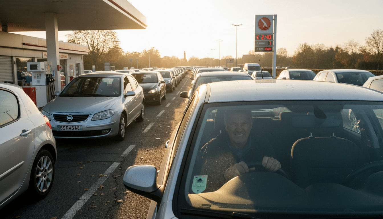 File d'attente de voitures devant une station-service française